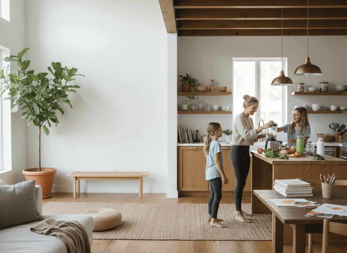 Family preparing food in a bright kitchen